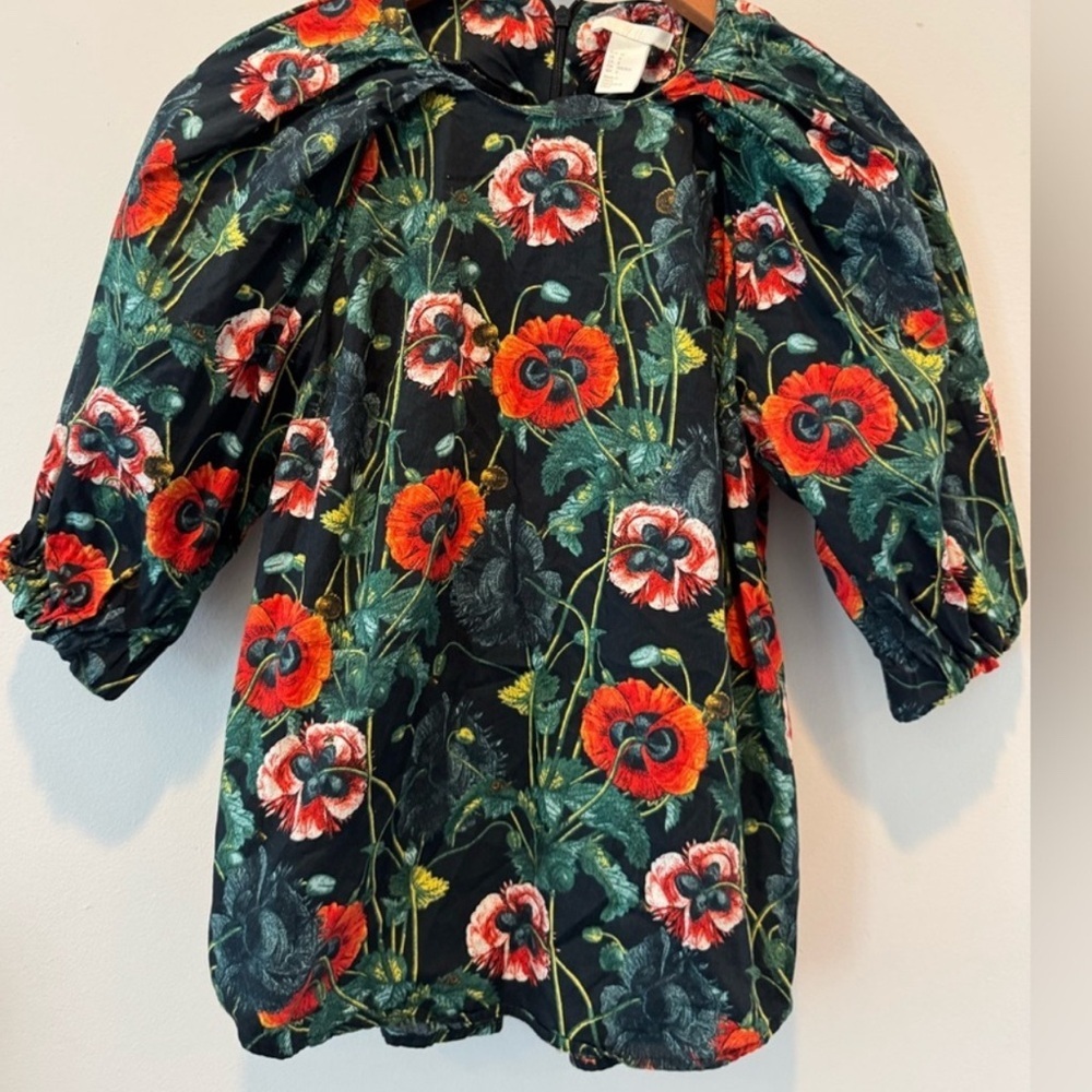 H&M Black Red Poppy Floral Blouse Puff Sleeve Romantic Top Size 6
